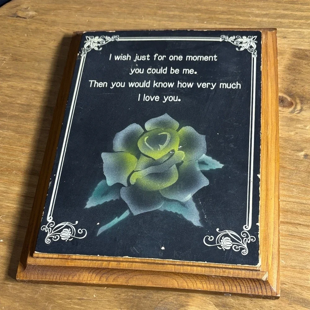 Vintage Meridiar‎ Wood Classic Handpainted Wooden Rose Love Plaque MCM Art 9
